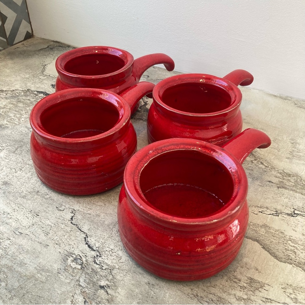 Vibrant Red Ceramic Soup Bowls Set of 4 Onion Chunky Rustic Warm Table Vintage